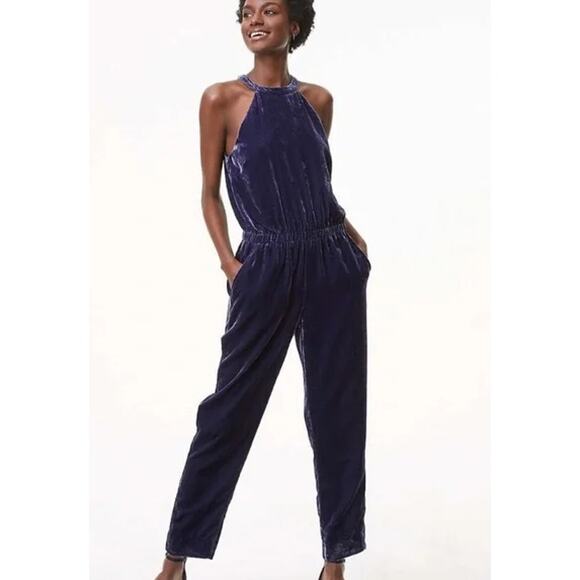 Ann Taylor LOFT Halter Crushed Velvet Jumpsuit Tie Back Straight Leg Blue Petite - Picture 13 of 13